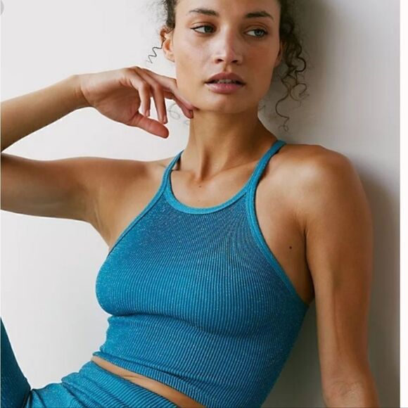 Free People Happiness Runs Tank in Lurex Blue XS/S - Picture 2 of 6